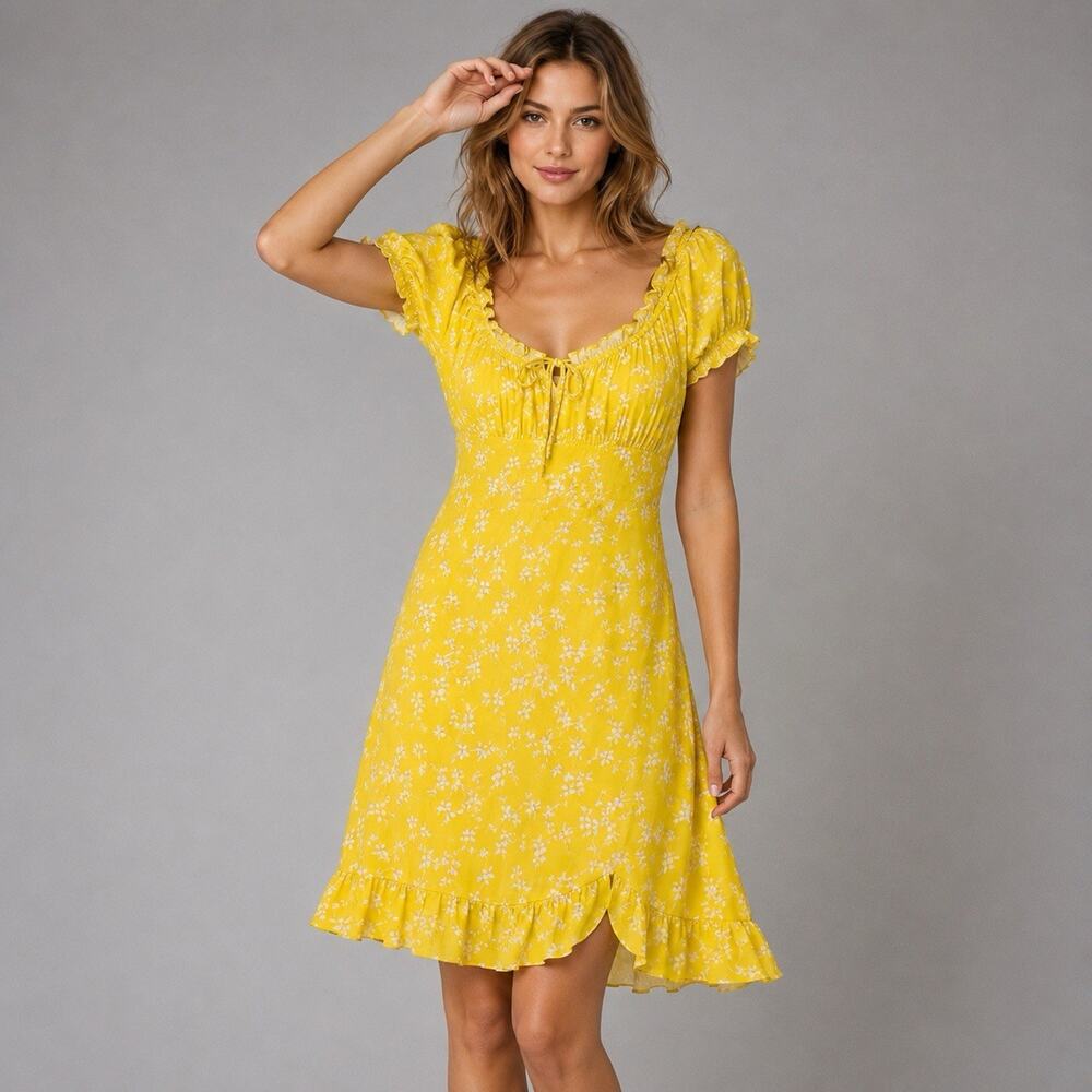 Sophie Rue Yellow Floral Mini Dress Women’s Large Cottagecore Puff Sleeve NWT